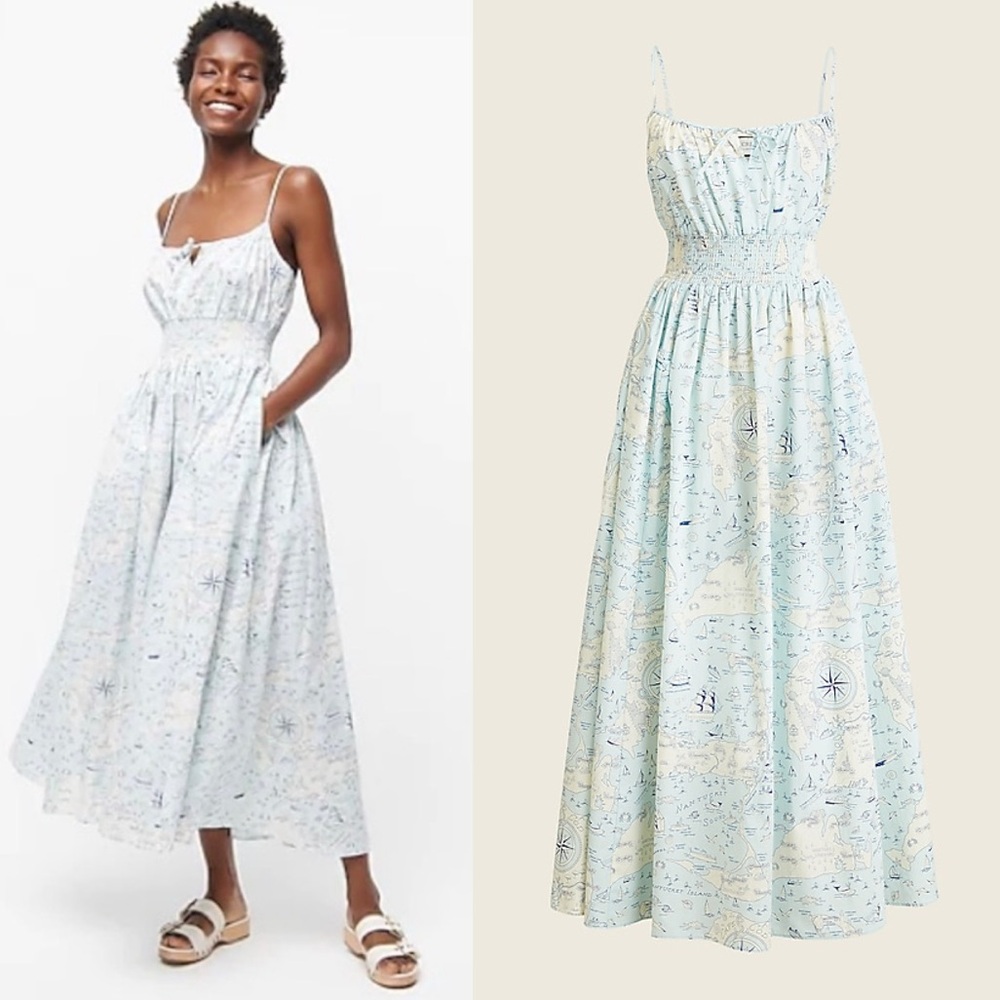 J Crew Smocked-Waist Drese in Ratti Compass Print